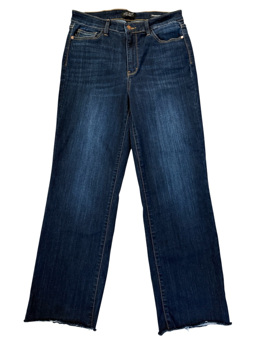 Judy Blue Straight Jeans 11/30 High Rise Dark Wash Raw Hem Stretch Fits 30x28 - Picture 1 of 15